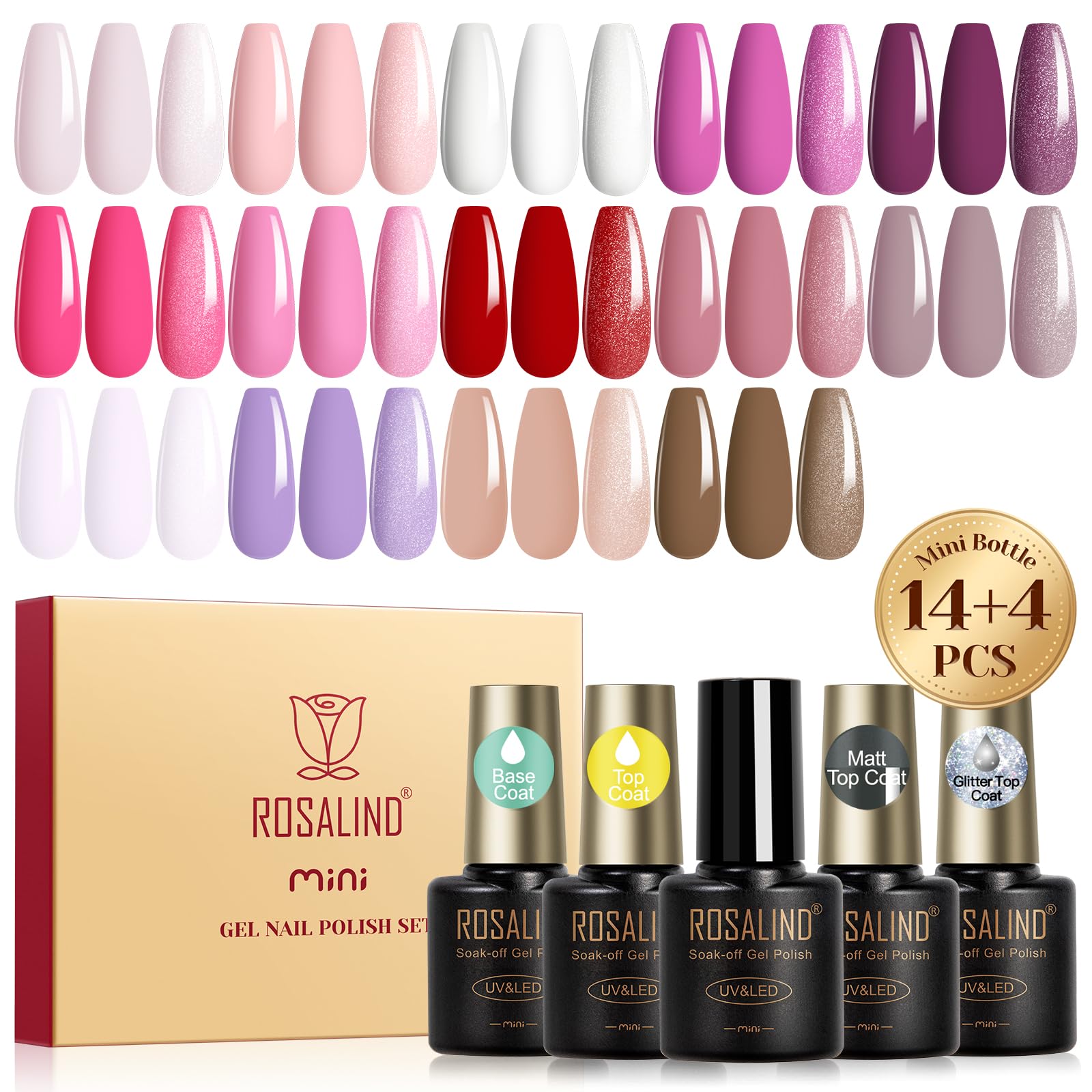 ROSLANDINE Semi Permanent Vernis, 18PCS Couleurs Rose, Nu, Bleu Rouge, Violet, Marron, Soak-off UV/LED, Manucure Étudian