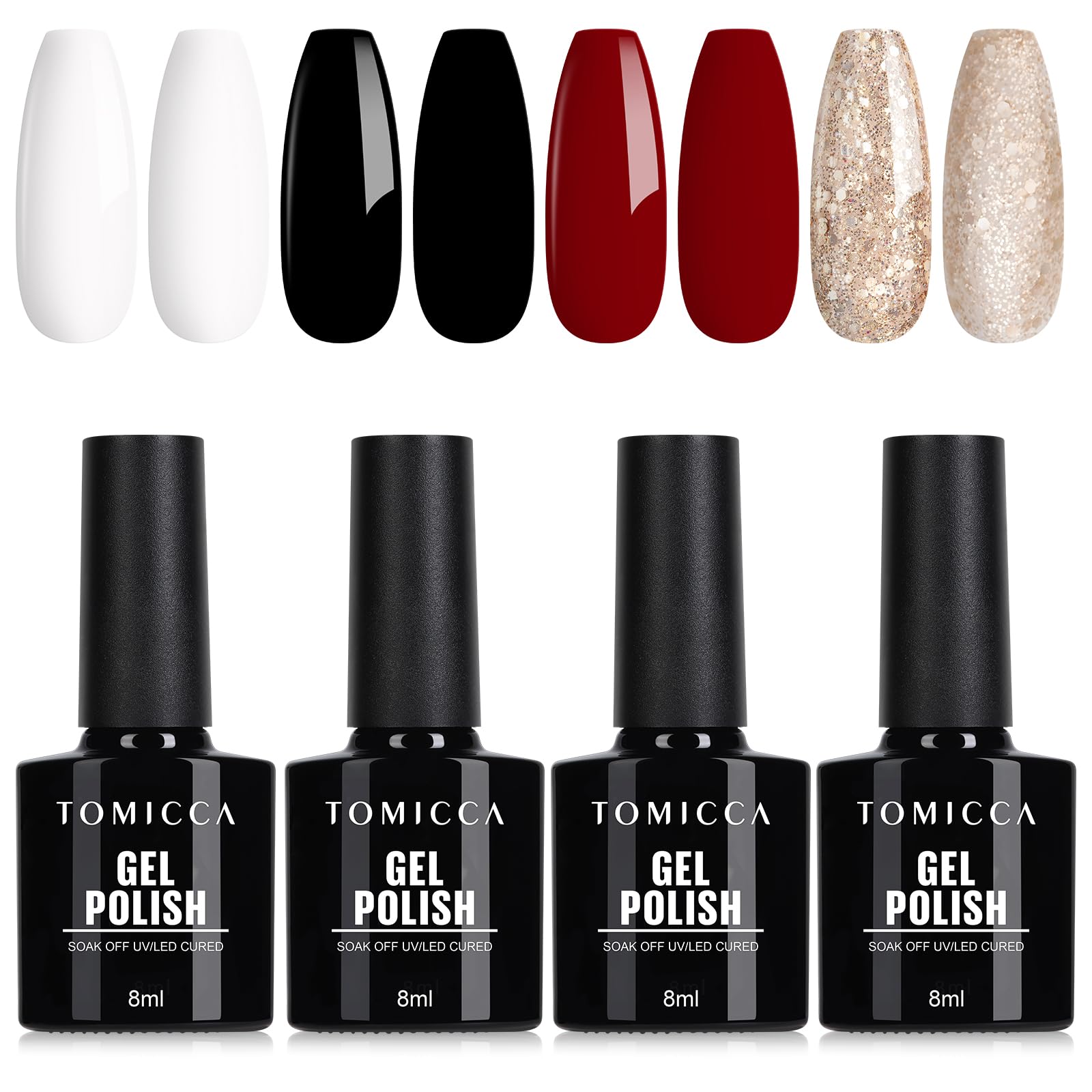 TOMICCA Vernis Gel UV Semi Permanent Set, Paillettes Glitter Rouge Blanc Noir 4 Couleurs, Kit UV/LED pour Studio D'ongle