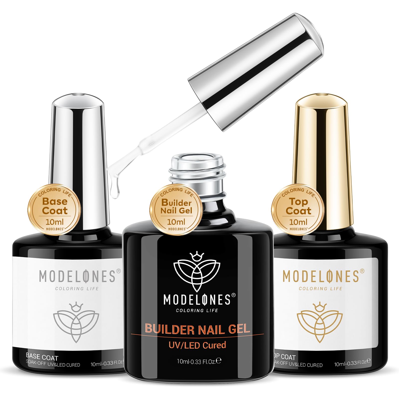Modelones | Ensemble Semi Permanent Multifonctionnel à Gel et Top Coat, 3 Pièces Kit de Soin des Ongles UV pour Extensio