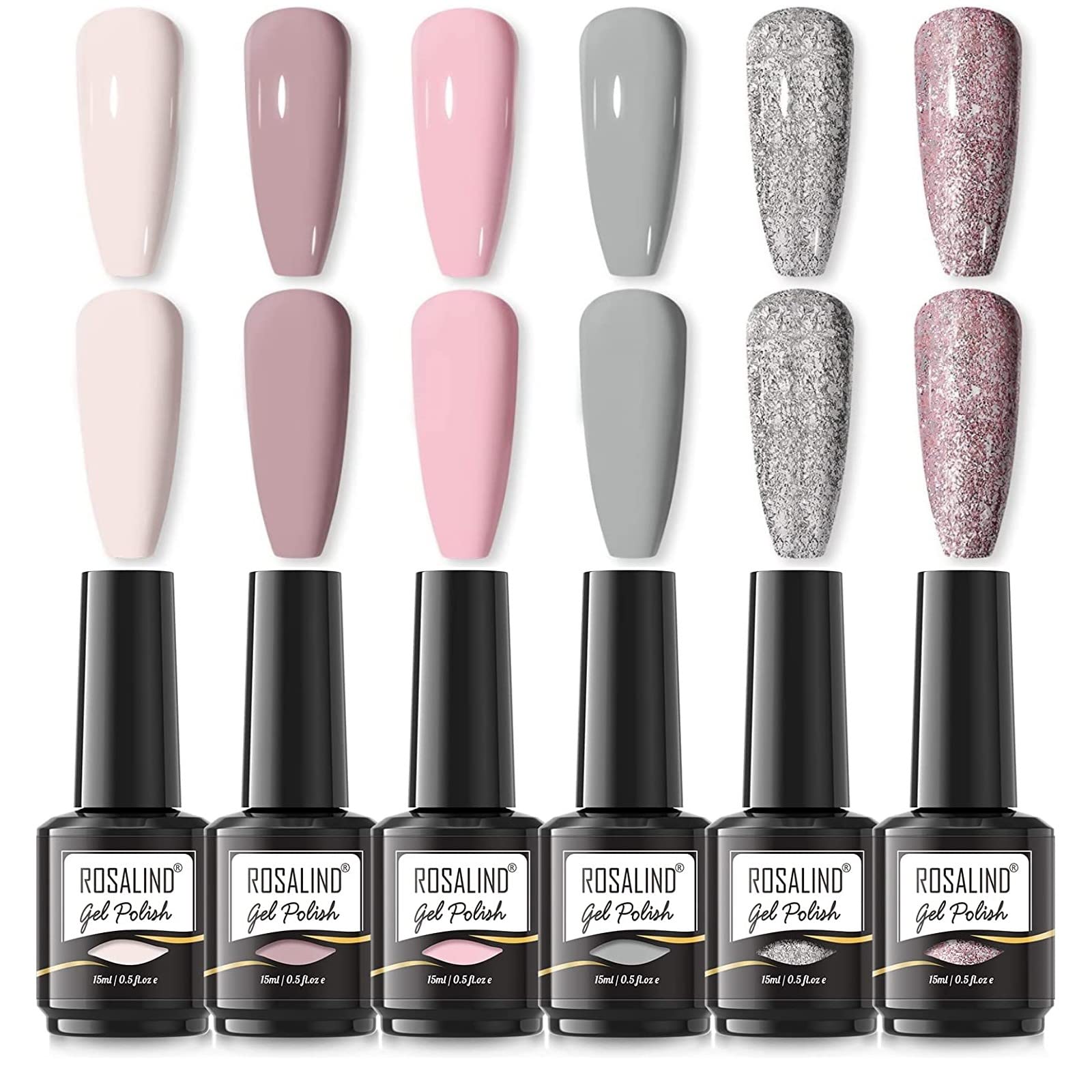 ROSALIND Vernis à Ongles Gris Nude Rose Paillettes, 15ml Semipermanent Soak off UV LED, Nail Art Kit Multicolore Pastel