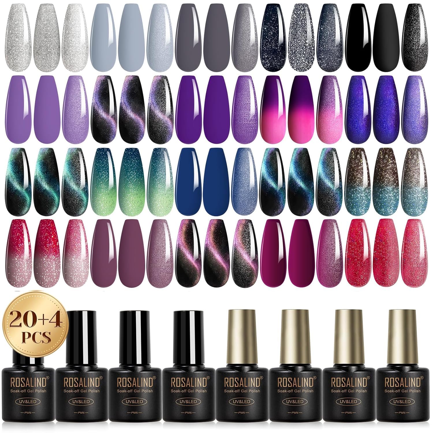 Rosalind Vernis Semi Permanent Argent Gris Noir Violet Rouge Soak-off UV/LED Magnétique Cat Eye Gel Caméléon Manucure