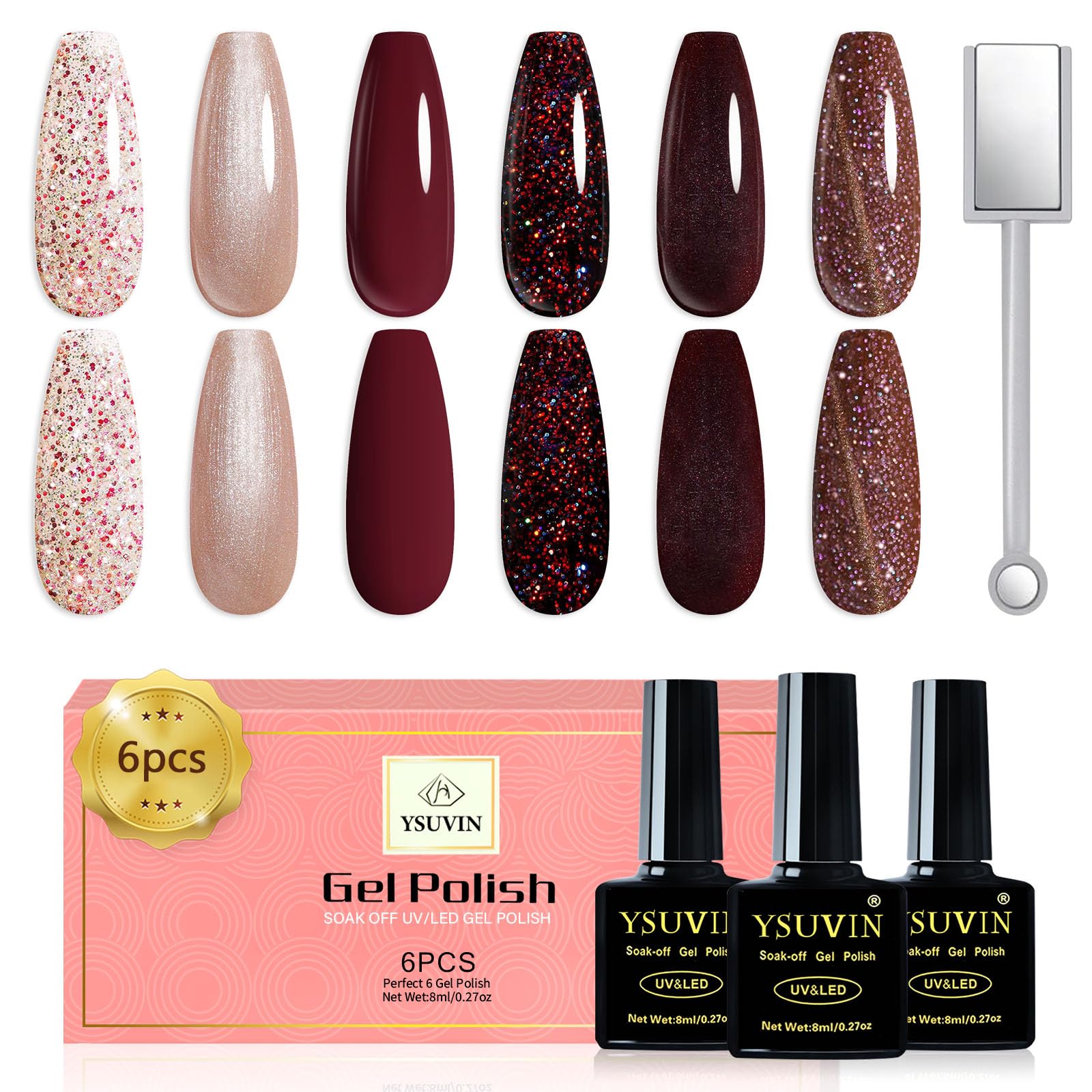 YSUVIN Vernis à Ongles, Rouges Pailletés et Marron Magnétique, 6 Couleurs, Vernis Gel UV LED, Soit Offable, 8 ML, Idéal 