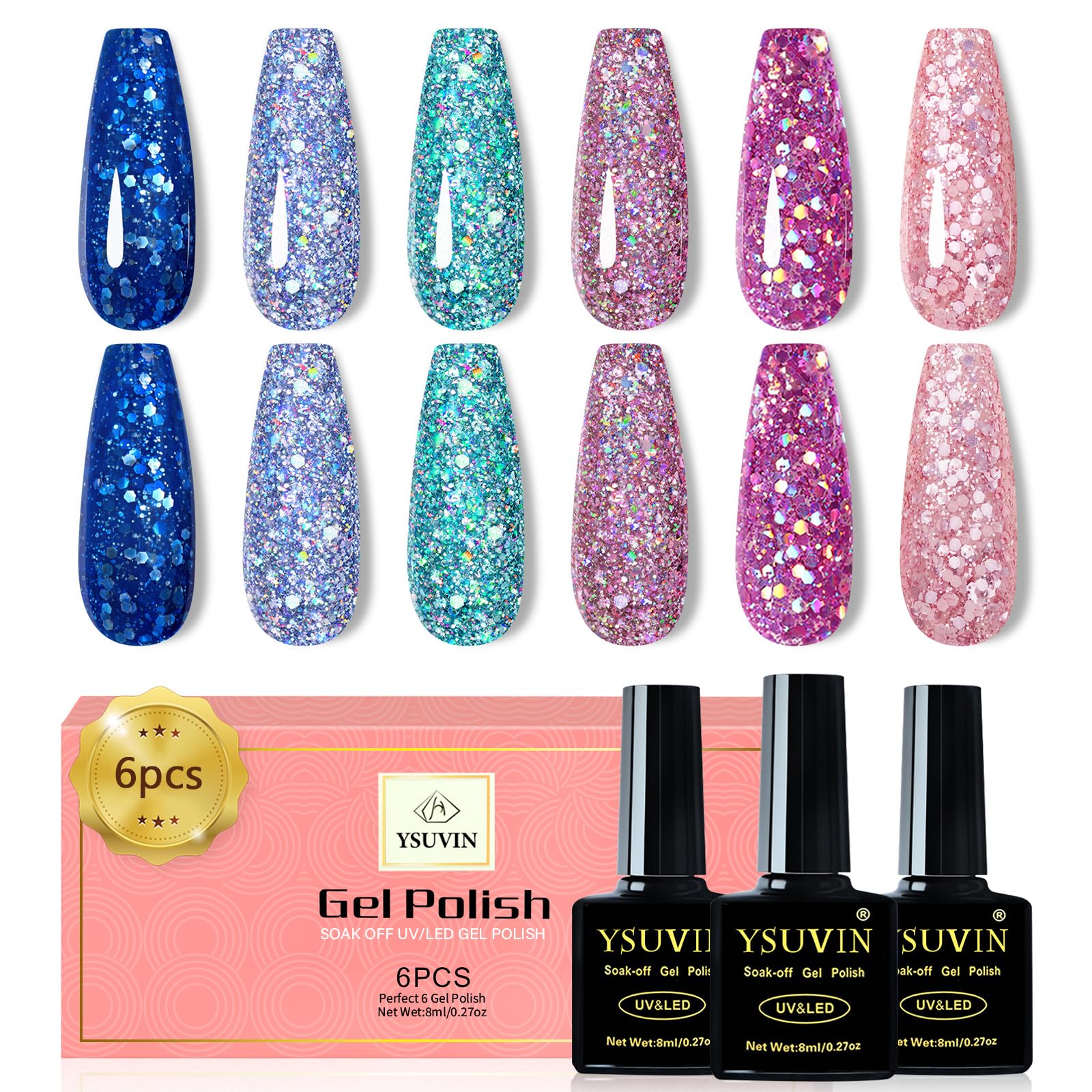 YSUVIN Vernis Semi Permanent Pailleté Non Réfléchissant - 6 Couleurs Rose Violet Bleu Vert Kit DIY Pour Femme Manucure S