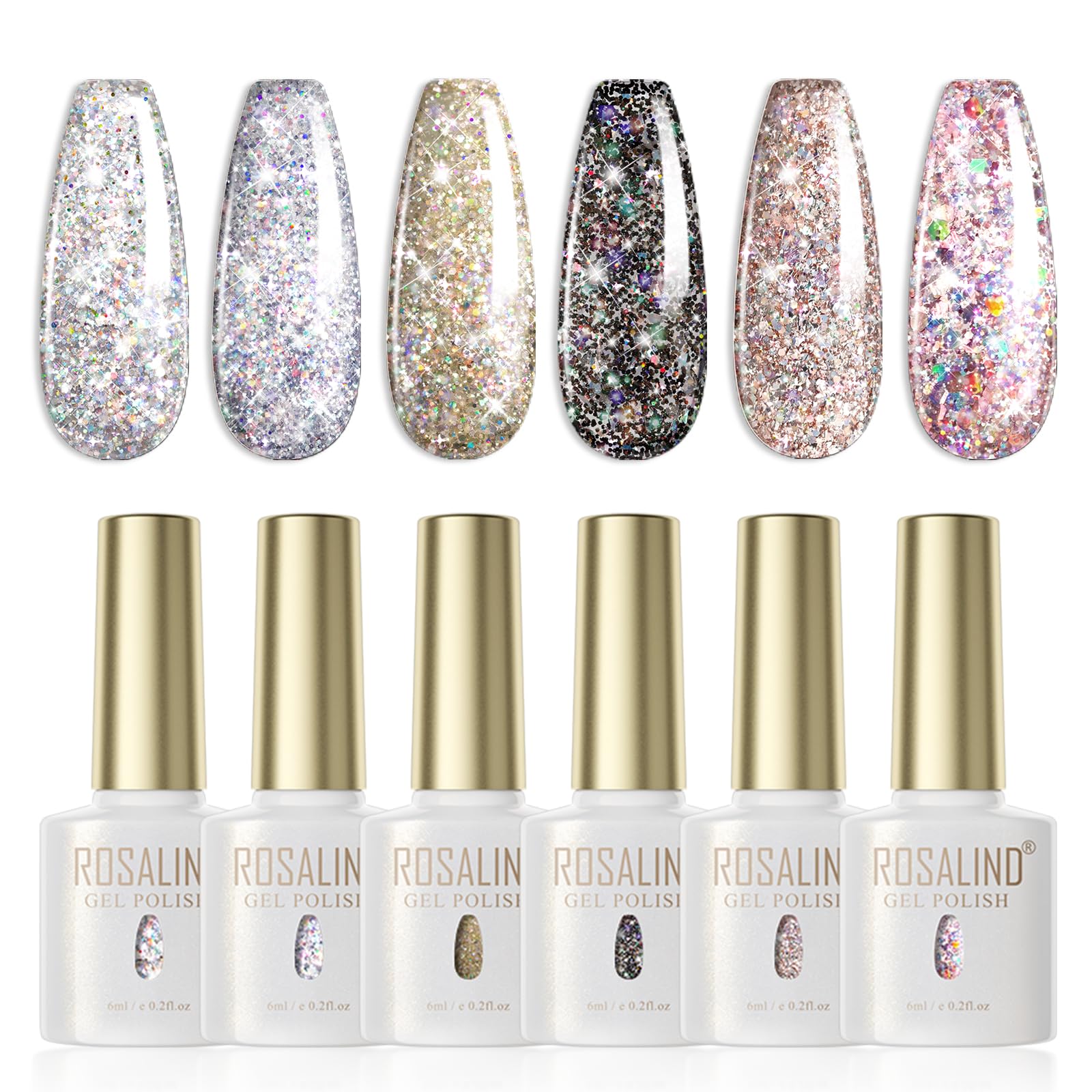 ROSALIND Vernis Semi-Permanent à Paillettes Graffiti UV/LED, 6 Couleurs Pailletées Gris Noir - Gel Polish Soak Off pour 